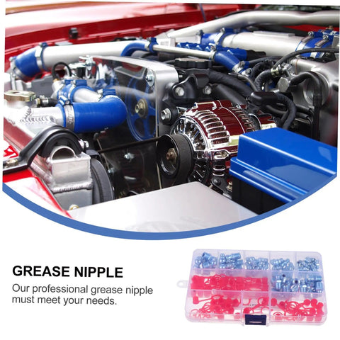 Grease Nipples Assortment Kit 100 Pcs Zerk Fittings With Caps in case, shown with automotive engine for industrial use.