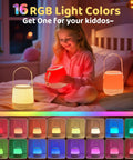 Girl holding 4 In 1 Baby Night Light Sound Machine With 35 RGB Colors And 12 White Noise Options, cordless USB lamp glowing.