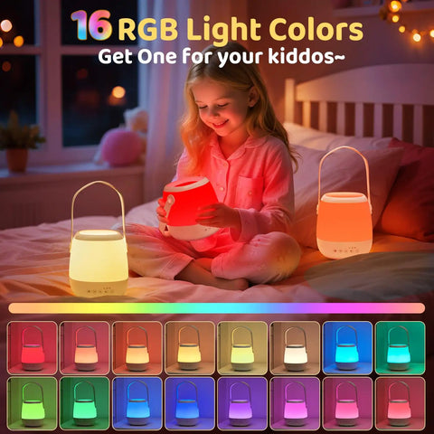Girl holding 4 In 1 Baby Night Light Sound Machine With 35 RGB Colors And 12 White Noise Options, cordless USB lamp glowing.