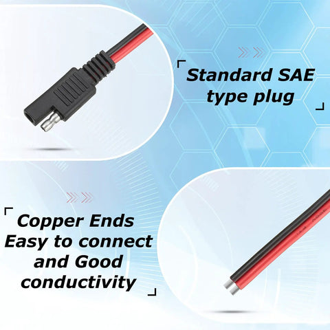 16 Pack SAE 2 Pin Quick Connectors Extension Cables 14 AWG 1 Ft Wire Harness For 12V Motorcycle Car Solar Panel Battery Charger And Automotive Use Red And Black Polarity Included, SAE plug and copper ends