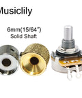 Mini Potentiometers 6mm Short Shaft 6.5mm Audio Linear Taper For Telecaster PB JB Style Guitars And Basses Metric M8 Thread Aluminum Shaft Set Of Two Pots, showing metal knobs and solid shaft