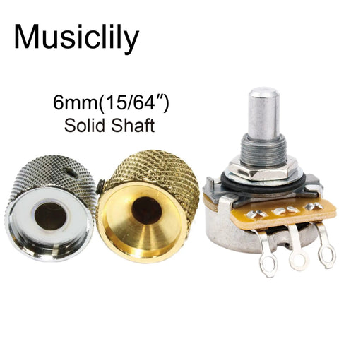 Mini Potentiometers 6mm Short Shaft 6.5mm Audio Linear Taper For Telecaster PB JB Style Guitars And Basses Metric M8 Thread Aluminum Shaft Set Of Two Pots, showing metal knobs and solid shaft