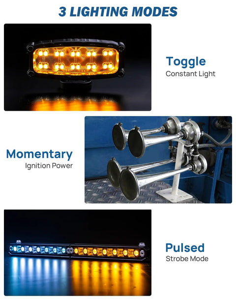 Wireless RGB 8 Gang Switch Panel with 5 Level Brightness for Offroad Lighting Control showing toggle, momentary, and pulsed modes.