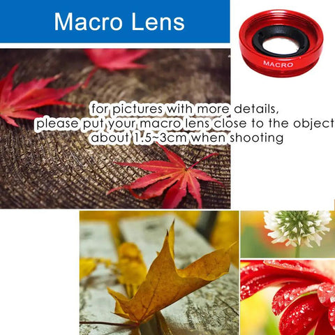 Macro lens effect with red 3 In 1 Universal Fish Eye Lens Macro Clip Lens Wide Angle Kit For iPhone Android iPad And Most Smartphones Grab And Go Pro Grade Optical Glass Durable Aluminum Build Red.