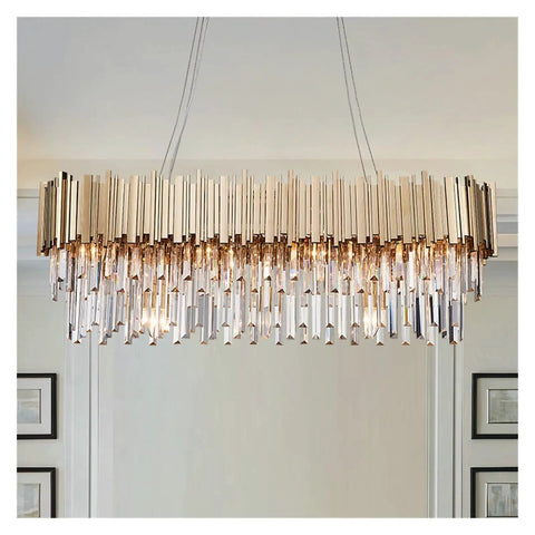 Contemporary Gold Finish K9 Crystal Drop Pendant Light With E14 Socket straight drop design showcasing crystal accents for elegant dining.