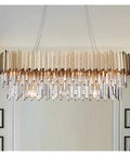 Straight Up Sleek K9 Crystal LED Pendant Light With Brushed Gold Metal Frame And Eight Warm E14 Bulb Slots, elegant design.