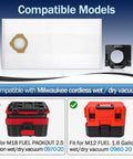 Heavy Duty Fleece Dust Bags 9 Pack Compatible With Milwaukee M12 And M18 Cordless Packout Shop Vac, showing compatible models and sizes.