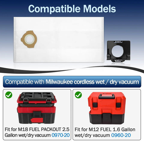 Heavy Duty Fleece Dust Bags 9 Pack Compatible With Milwaukee M12 And M18 Cordless Packout Shop Vac, showing compatible models and sizes.