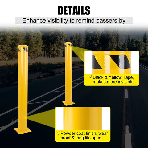 Heavy Duty Steel Safety Bollards Industrial Yellow Powder Coat Includes Anchor Bolts on roadside enhancing visibility.