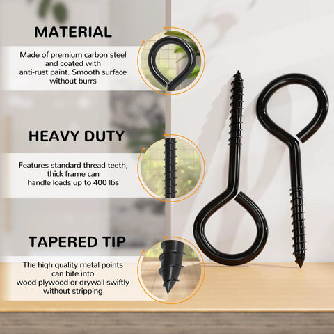 Beefy 5 Inch Screw In Eye Bolts 4 Pack For Hanging And Tie Downs Indoor Outdoor Use Corrosion Resistant Coated Steel Eye Screws For Hammock Stands TLAZZ, showing material, durability, and tapered tip.
