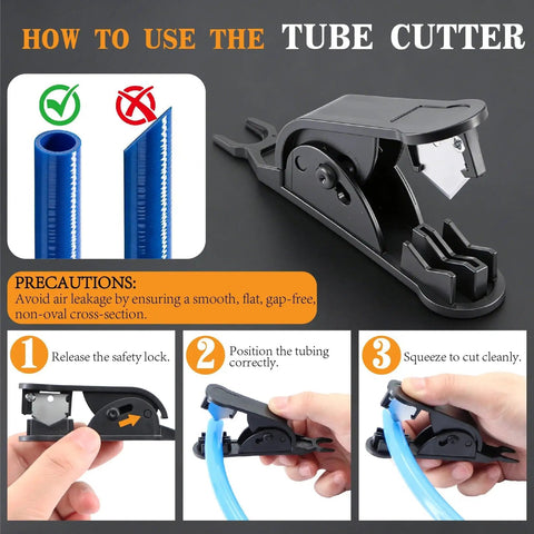 How to use the tube cutter with safety lock, showing blue tubing cuts and step-by-step operation.