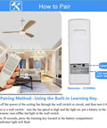 Hand holding Replacement Ceiling Fan Remote Control For 315MHz Harbor Breeze Fans instructions to pair with light dimmer.
