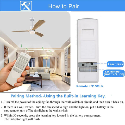 Hand holding Replacement Ceiling Fan Remote Control For 315MHz Harbor Breeze Fans instructions to pair with light dimmer.