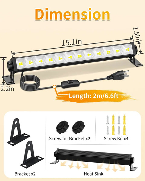 40W LED Shop Lights With 6 Foot Cord And Easy Switch 5400 Lumens Daylight 6000K Crankin Bright Plug In Garage Light, dimensions shown