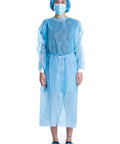 Front view of a person wearing Disposable Isolation Gown Polypropylene Lab Gown With Knit Cuff Long Sleeve Lightweight Yet Durable One Size Fits Most