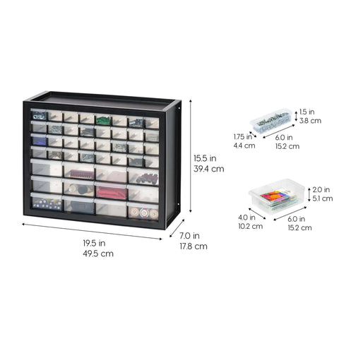 Small Parts Storage Cabinet With 44 Drawer Organizer For Screws Nuts Bolts Electronics Hardware Beads Crafts And More, Built Tough Made In USA Stackable Black Boss Grade with measurement details