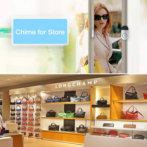 8 Pack Door And Window Alarm Sensor Set With 120dB Siren installed on shop entrance, woman entering store