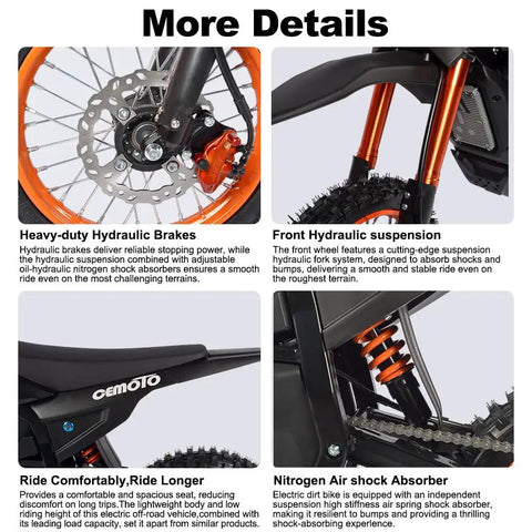 Close-up of Trail-Ready Electric Dirt Bike for Adults with 3000W Peak Motor, highlighting hydraulic brakes and suspension.