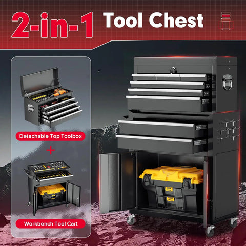 Eight Drawer Rolling Tool Chest With Locking Detachable Cabinet Built Tough Heavy Duty Steel Tool Cart On Wheels With Liner And Hooks Garage Ready For Workshop Or Warehouse Durable Black Finish.