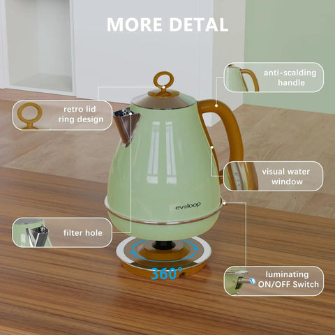 Glossy green 1.7L Electric Kettle With Auto Shut Off And Boil Dry Protection BPA Free Stainless Steel Teapot on wooden table