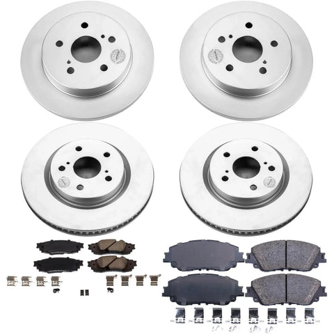 PowerStop front and rear brake kit showing four silver rotors, ceramic pads, and mounting hardware