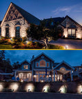 Elegant home facade illuminated by Totally Lit Ultra Bright Low Voltage Outdoor LED Landscape Lights With Connectors 10W, enhancing garden beauty.