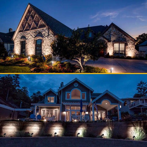 Elegant home facade illuminated by Totally Lit Ultra Bright Low Voltage Outdoor LED Landscape Lights With Connectors 10W, enhancing garden beauty.