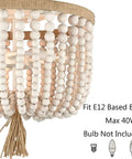 Beige Wood Bead Farmhouse Ceiling Light Three Light Flush Mount Chandelier For Bedroom Entryway Hallway Stairway Rustic Cozy Boho Chic Style With Hand Rope Knot Bead Curtain close-up