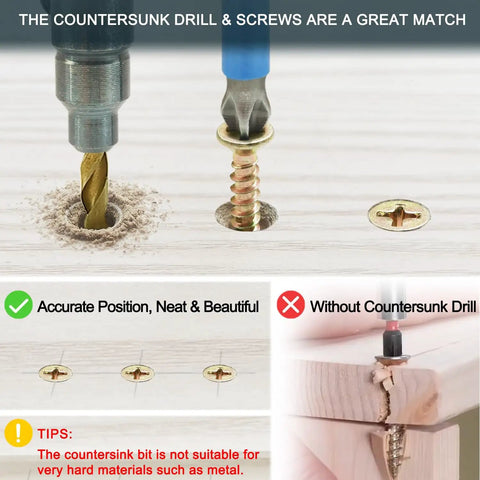 420 Piece Flat Head Phillips Wood Screws Assortment Kit, Zinc Coated Carbon Steel screws with countersink drill on wood.