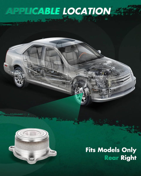 Image showing the Two Piece Rear Wheel Hub Bearing Kit For Nissan Frontier Xterra Suzuki Equator 2005 To 2014 2.4L 2.5L 4.0L Right Side Replacement Durable High Grade Pro Grade, highlighting installation location on a transparent car model.