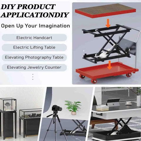 Premium Electric Scissor Lift Table With Remote Control shown as DIY applications for lifting and workspace versatility.