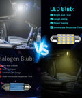 Comparison of LED versus halogen bulbs for car interiors, featuring 42 Piece Interior Car Light Kit With Lit White LEDs benefits.