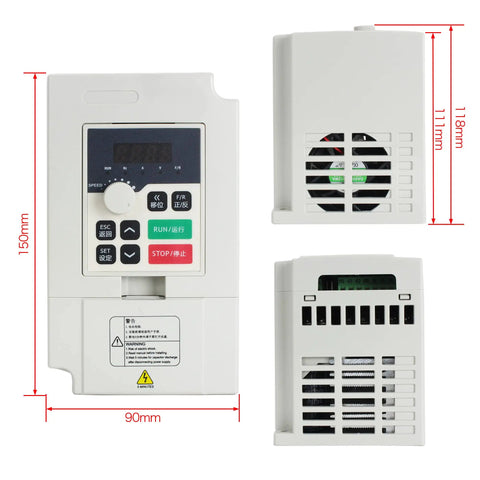 220V VFD Inverter for Beefed Up 1.5KW Air Cooled CNC Spindle Motor Kit ER16 80mm Diameter 195mm Length, front and side view.