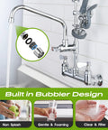 Commercial Wall Mount Kitchen Sink Faucet With High Pressure Pre Rinse Sprayer And Add On Swing Spout 8 Inch Adjustable Centers built in bubbler design with clear water flow.