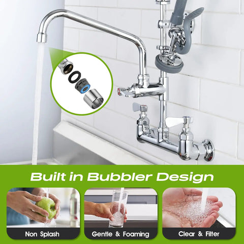 Commercial Wall Mount Kitchen Sink Faucet With High Pressure Pre Rinse Sprayer And Add On Swing Spout 8 Inch Adjustable Centers built in bubbler design with clear water flow.