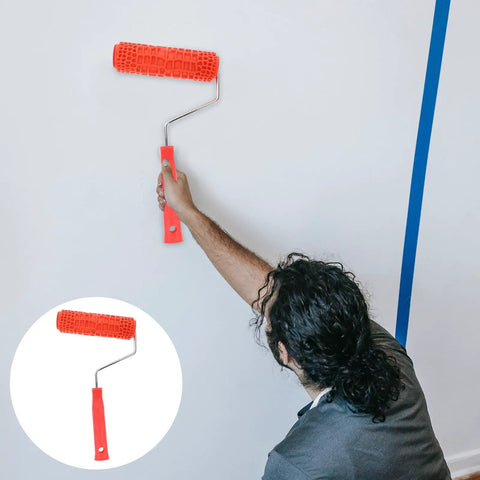 Decorative Texture Roller With Handle for Faux Wood Wall Finish Painting in use, applying textured design on wall