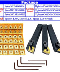 Front view of a 36-piece indexable carbide lathe insert tool set with yellow case, black holders, and hex wrenches.