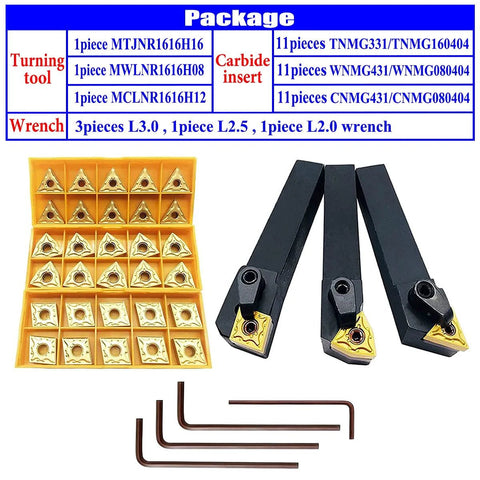 Front view of a 36-piece indexable carbide lathe insert tool set with yellow case, black holders, and hex wrenches.