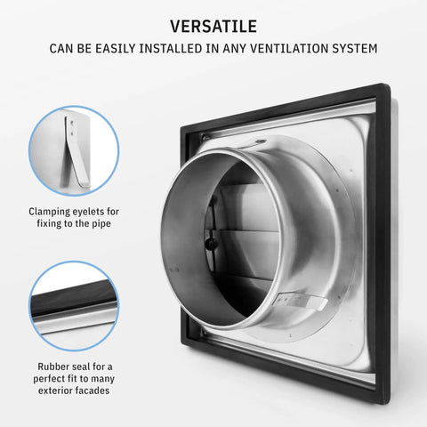4 Inch Outdoor Stainless Steel Dryer Vent Cover With Moving Flaps Rust Resistant Exterior Grille For Metal Ducts In HVAC And Dryer Systems Anti Draft Exterior Vent Cap showing vent clamping eyelets and rubber seal.