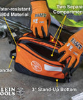 Heavy Duty Tool Pouch With Dual Compartments in use, showing water-resistant 1680d material and 3" stand-up bottom