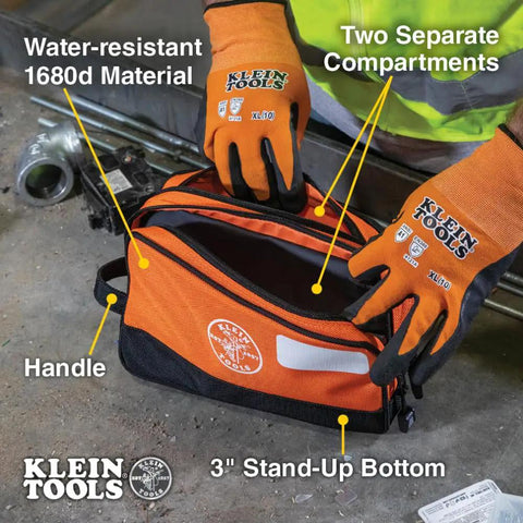 Heavy Duty Tool Pouch With Dual Compartments in use, showing water-resistant 1680d material and 3" stand-up bottom