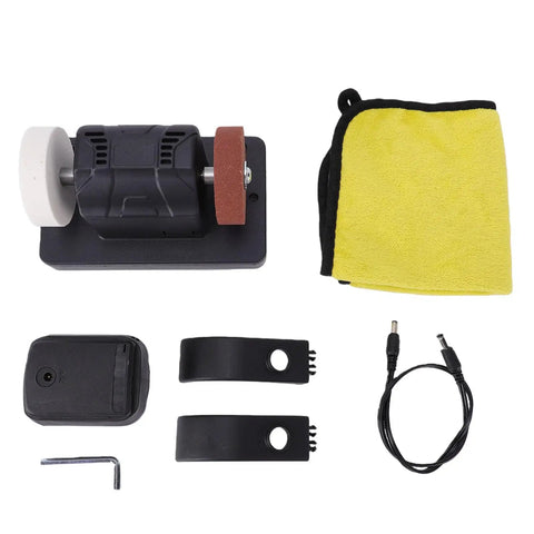 Pissente Mini Bench Grinder For 18V Battery Power Tool With Dual Wheels Adjusting Speed From Two Thousand To Six Thousand RPM showing grinder, attachments, and accessories.