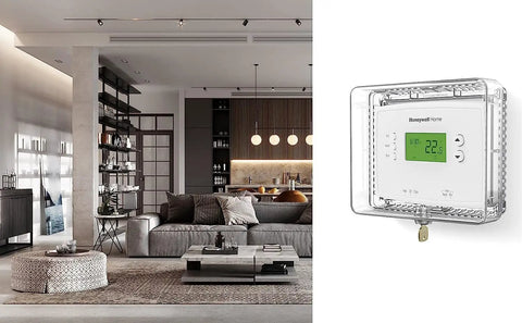 Lock It Down Thermostat Guard For Most 5 By 6 Inch Models White shown in a modern living room setting