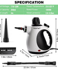 Heavy Duty Pressurized Handheld Steam Cleaner With Ten Piece Accessory Set showing specifications, dimensions, and accessories.
