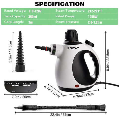 Heavy Duty Pressurized Handheld Steam Cleaner With Ten Piece Accessory Set showing specifications, dimensions, and accessories.