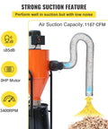 Close-up of 2 HP Dust Collector with 1167 CFM Vortex System showing powerful air suction feature with 2.0 HP motor graphic.