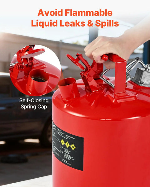 Rock Solid 5 Gallon Safety Gas Can Heavy Duty Type II Fuel Container With Stainless Flame Arrestor Zero Drip Auto Closing Lid And Adjustable Metal Spout Carbon Steel Jerry Can For Home Garage Refueling