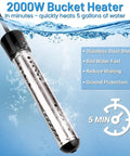 2000W Immersion Water Heater Portable Electric Submersible Bucket Heater with 304 Stainless Steel Guard and LCD Thermometer