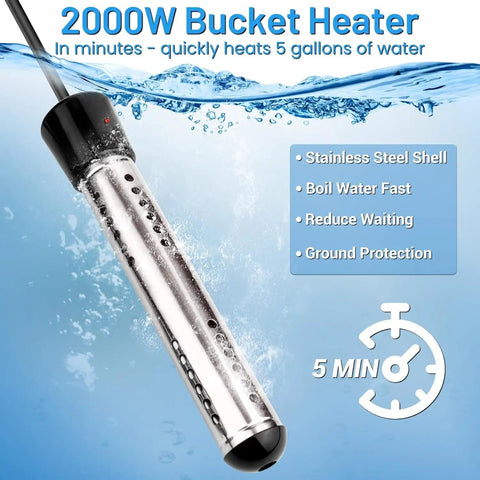 2000W Immersion Water Heater Portable Electric Submersible Bucket Heater with 304 Stainless Steel Guard and LCD Thermometer
