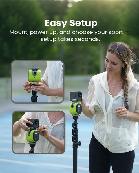 User demonstrates setup of Chameleon AI Auto Sports Action Camera, 4K 60FPS Real Time Player Tracking, on a stand, outdoors.